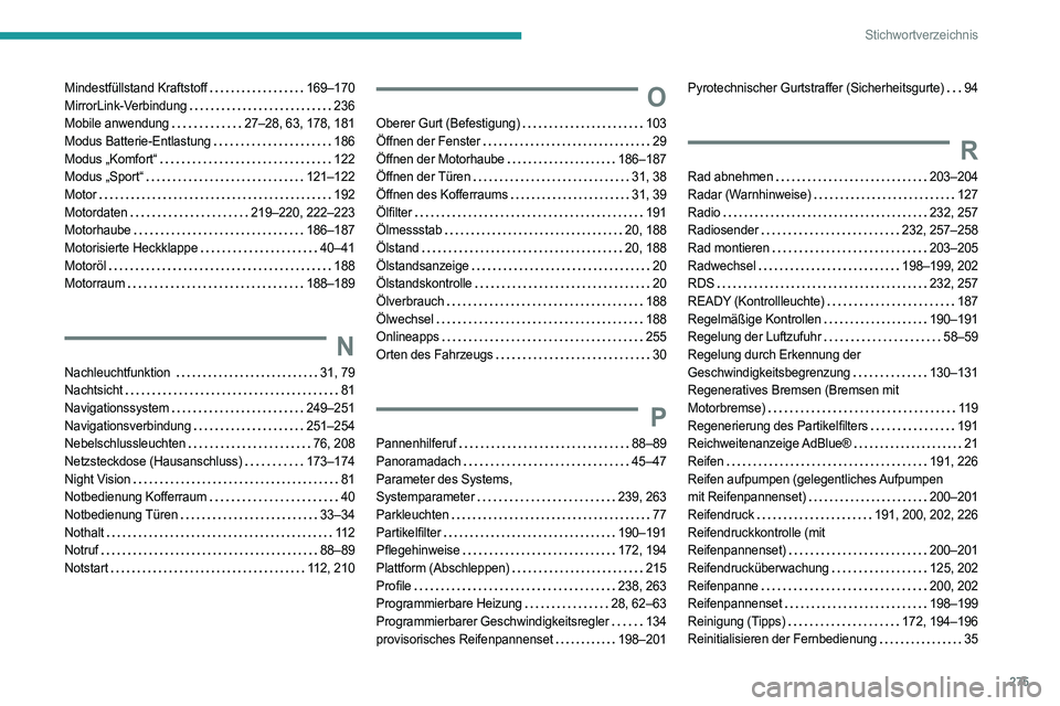 PEUGEOT 508 2021 Betriebsanleitungen (in German) 275
Stichwortverzeichnis
Mindestfüllstand Kraftstoff 169–170
MirrorLink-Verbindung
236
Mobile anwendung
27–28, 63, 178, 181
Modus Batterie-Entlastung
186
Modus „Komfort“
PEUGEOT 508 2021 Betriebsanleitungen (in German) 275
Stichwortverzeichnis
Mindestfüllstand Kraftstoff 169–170
MirrorLink-Verbindung
236
Mobile anwendung
27–28, 63, 178, 181
Modus Batterie-Entlastung
186
Modus „Komfort“