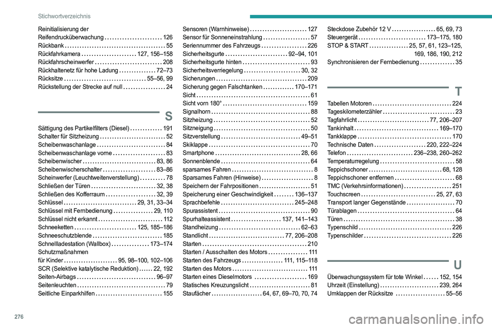 PEUGEOT 508 2021 Betriebsanleitungen (in German) 276
Stichwortverzeichnis
Reinitialisierung der
Reifendrucküberwachung
126
Rückbank
55
Rückfahrkamera
127, 156–158
Rückfahrscheinwerfer
208
Rückhaltenetz für hohe Ladung
PEUGEOT 508 2021 Betriebsanleitungen (in German) 276
Stichwortverzeichnis
Reinitialisierung der
Reifendrucküberwachung
126
Rückbank
55
Rückfahrkamera
127, 156–158
Rückfahrscheinwerfer
208
Rückhaltenetz für hohe Ladung