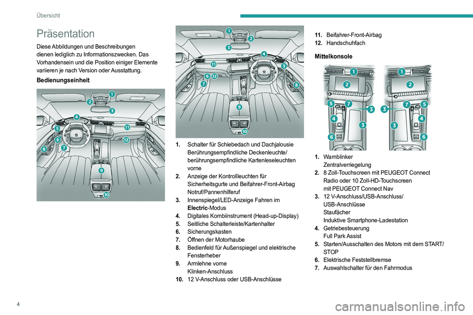 PEUGEOT 508 2021  Betriebsanleitungen (in German) 4
Übersicht
Präsentation
Diese Abbildungen und Beschreibungen 
dienen lediglich zu Informationszwecken. Das 
Vorhandensein und die Position einiger Elemente 
variieren je nach Version oder Ausstattu