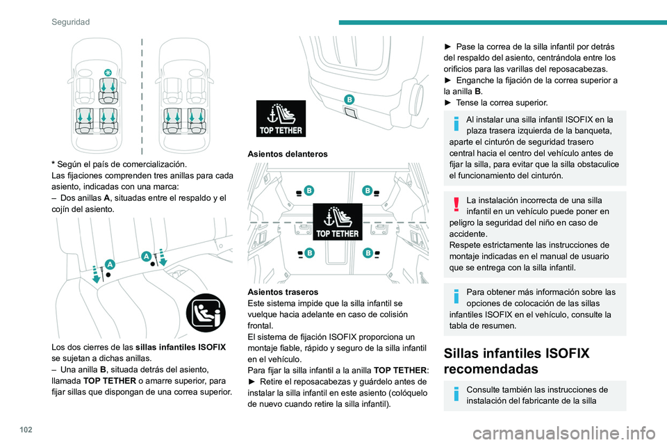PEUGEOT 508 2021  Manual del propietario (in Spanish) 102
Seguridad
infantil para ver cómo montar y desmontar la 
silla."RÖMER Baby-Safe y su base ISOFIX" (talla: E)
Grupo 0+: desde el nacimiento hasta 13 kg
 
 
Se instala de espaldas al sentid
