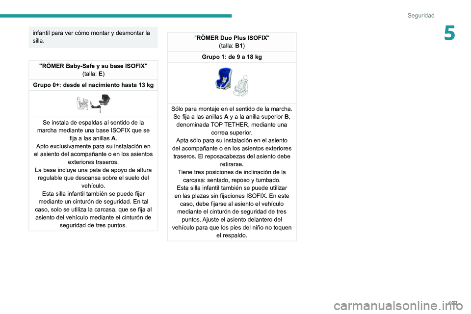 PEUGEOT 508 2021  Manual del propietario (in Spanish) 103
Seguridad
5infantil para ver cómo montar y desmontar la 
silla.
"RÖMER Baby-Safe y su base ISOFIX"(talla: E)
Grupo 0+: desde el nacimiento hasta 13 kg
 
 
Se instala de espaldas al senti