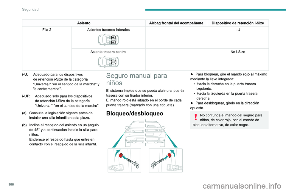 PEUGEOT 508 2021  Manual del propietario (in Spanish) 106
Seguridad
 
Seguro eléctrico para 
niños
(Según versión)
Este control evita la apertura de las puertas 
traseras con los tiradores interiores y el uso de 
los elevalunas traseros.
Activación/