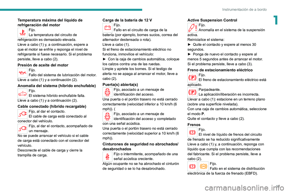 PEUGEOT 508 2021 Manual del propietario (in Spanish) 13
Instrumentación de a bordo
1Temperatura máxima del líquido de
refrigeración del motor
Fijo.
La temperatura del circuito de
refrigeración es demasiado elevada.
Lleve a cabo (1) y, a continuac PEUGEOT 508 2021 Manual del propietario (in Spanish) 13
Instrumentación de a bordo
1Temperatura máxima del líquido de
refrigeración del motor
Fijo.
La temperatura del circuito de
refrigeración es demasiado elevada.
Lleve a cabo (1) y, a continuac