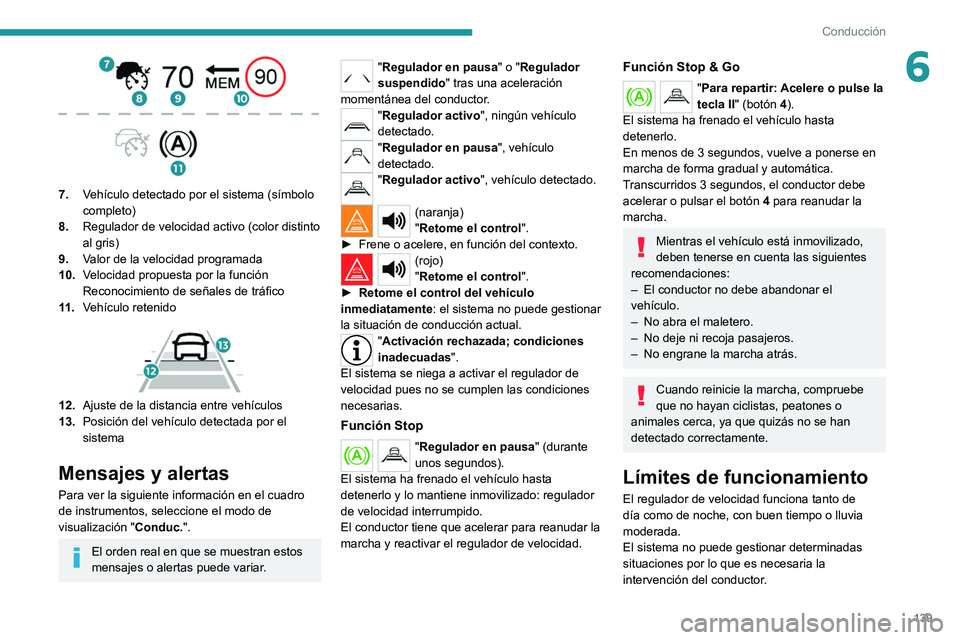 PEUGEOT 508 2021 Manual del propietario (in Spanish) 139
Conducción
6
7.Vehículo detectado por el sistema (símbolo
completo)
8. Regulador de velocidad activo (color distinto
al gris)
9. Valor de la velocidad programada
10. Velocidad propuesta por PEUGEOT 508 2021 Manual del propietario (in Spanish) 139
Conducción
6
7.Vehículo detectado por el sistema (símbolo
completo)
8. Regulador de velocidad activo (color distinto
al gris)
9. Valor de la velocidad programada
10. Velocidad propuesta por
