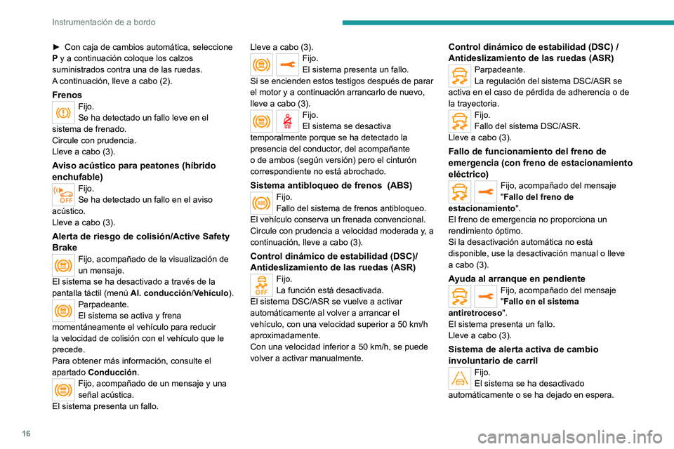 PEUGEOT 508 2021 Manual del propietario (in Spanish) 16
Instrumentación de a bordo
► Con caja de cambios automática, seleccione
P y a continuación coloque los calzos
suministrados contra una de las ruedas.
A continuación, lleve a cabo (2).
Fren PEUGEOT 508 2021 Manual del propietario (in Spanish) 16
Instrumentación de a bordo
► Con caja de cambios automática, seleccione
P y a continuación coloque los calzos
suministrados contra una de las ruedas.
A continuación, lleve a cabo (2).
Fren