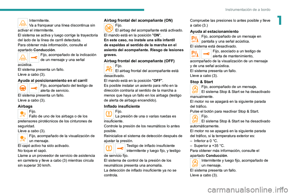 PEUGEOT 508 2021  Manual del propietario (in Spanish) 17
Instrumentación de a bordo
1Intermitente.
Va a franquear una línea discontinua sin 
activar el intermitente.
El sistema se activa y luego corrige la trayectoria 
del lado de la línea de carril d