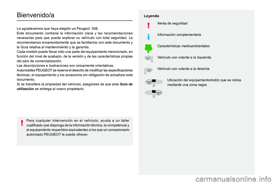 PEUGEOT 508 2021  Manual del propietario (in Spanish)   
 
 
 
  
   
   
 
  
 
  
 
 
   
 
 
   
 
 
  
Bienvenido/a
Le agradecemos que haya elegido un Peugeot  508.
Este documento contiene la información clave y las recomendaciones 
necesarias para 