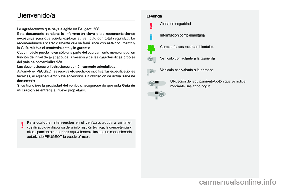 PEUGEOT 508 2021 Manual del propietario (in Spanish)
Bienvenido/a
Le agradecemos que haya elegido un Peugeot 508.
Este documento contiene la información clave y las recomendaciones
necesarias para PEUGEOT 508 2021 Manual del propietario (in Spanish)
Bienvenido/a
Le agradecemos que haya elegido un Peugeot 508.
Este documento contiene la información clave y las recomendaciones
necesarias para