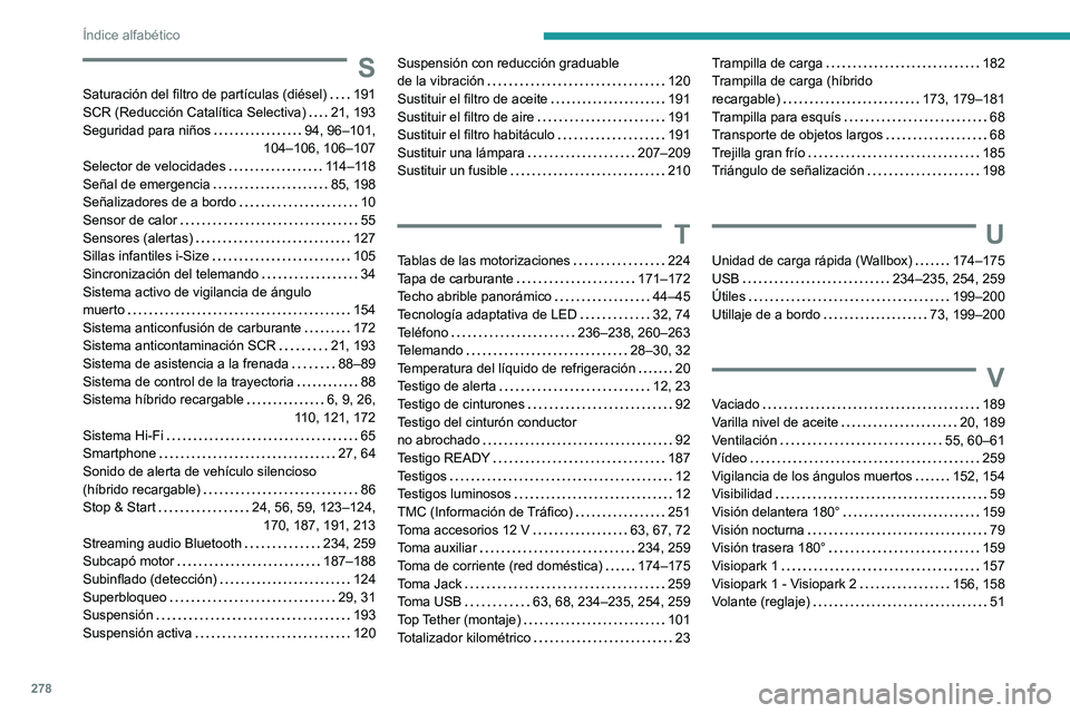 PEUGEOT 508 2021  Manual del propietario (in Spanish) 278
Índice alfabético
S
Saturación del filtro de partículas (diésel)     191
SCR (Reducción Catalítica Selectiva)     
21, 193
Seguridad para niños
    
94, 96–101,  
104–106, 106–107
Se