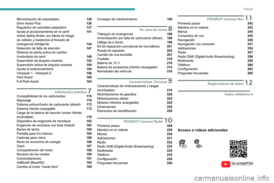 PEUGEOT 508 2021  Manual del propietario (in Spanish) 3
Índice
  
  
 
 
 
 
Memorización de velocidades  136
Drive Assist  Plus  136
Regulador de velocidad adaptativo  137
Ayuda al posicionamiento en el carril  141
Active Safety Brake con Alerta de ri