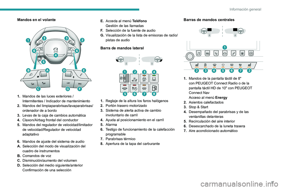 PEUGEOT 508 2021  Manual del propietario (in Spanish) 5
Información general
Mandos en el volante 
 
1.Mandos de las luces exteriores / 
Intermitentes / Indicador de mantenimiento
2. Mandos del limpiaparabrisas/lavaparabrisas/
ordenador de a bordo
3. Lev