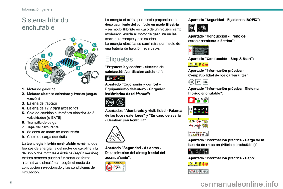 PEUGEOT 508 2021  Manual del propietario (in Spanish) 6
Información general
Sistema híbrido 
enchufable
 
 
1.Motor de gasolina
2. Motores eléctrico delantero y trasero (según 
versión)
3. Batería de tracción
4. Batería de 12 V para accesorios
5.