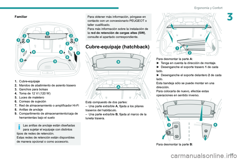 PEUGEOT 508 2021 Manual del propietario (in Spanish) 69
Ergonomía y Confort
3Familiar
1.Cubre-equipaje
2. Mandos de abatimiento de asiento trasero
3. Ganchos para bolsas
4. Toma de 12
V/ (120 W)
5. Luces de maletero
6. Correas de sujeción
7. Re PEUGEOT 508 2021 Manual del propietario (in Spanish) 69
Ergonomía y Confort
3Familiar
1.Cubre-equipaje
2. Mandos de abatimiento de asiento trasero
3. Ganchos para bolsas
4. Toma de 12
V/ (120 W)
5. Luces de maletero
6. Correas de sujeción
7. Re