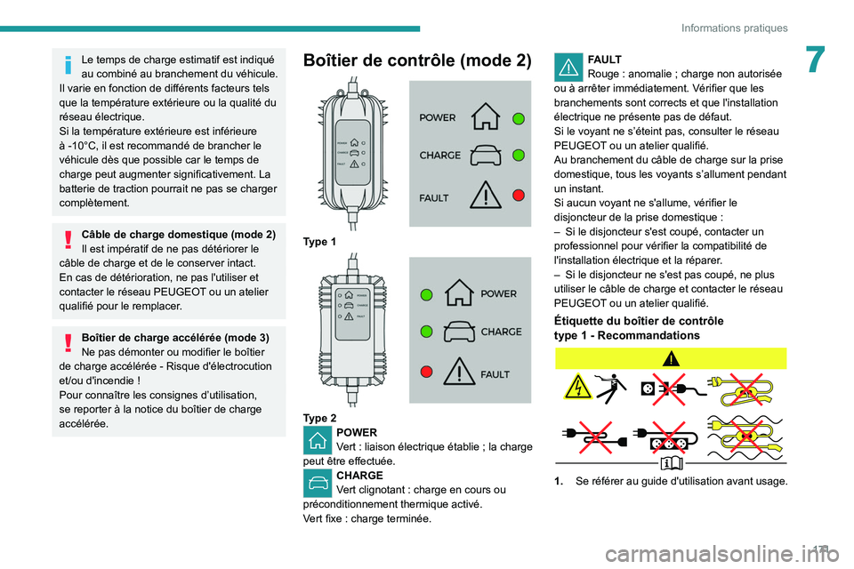 PEUGEOT 508 2021 Manuel du propriétaire (in French) 171
Informations pratiques
7Le temps de charge estimatif est indiqué
au combiné au branchement du véhicule.
Il varie en fonction de différents facteurs tels
que la température extérieure ou l PEUGEOT 508 2021 Manuel du propriétaire (in French) 171
Informations pratiques
7Le temps de charge estimatif est indiqué
au combiné au branchement du véhicule.
Il varie en fonction de différents facteurs tels
que la température extérieure ou l