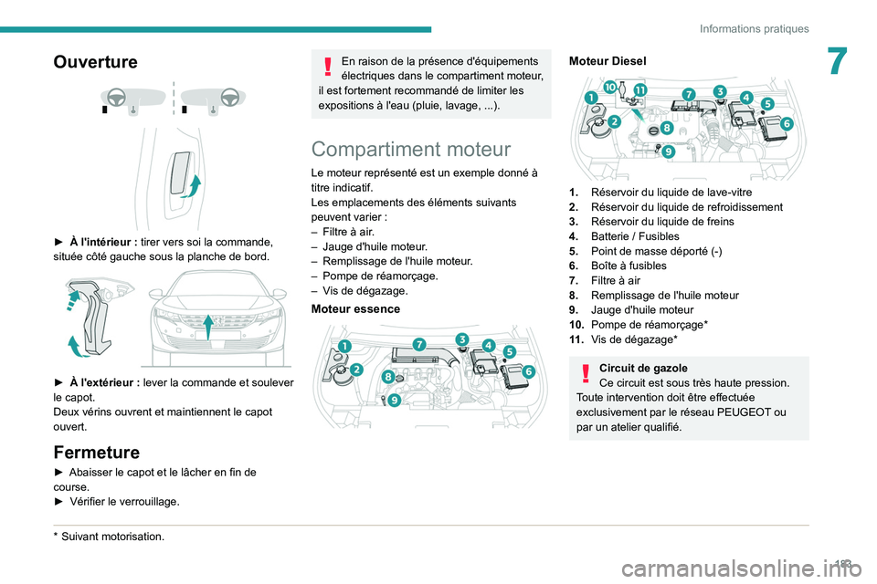 PEUGEOT 508 2021  Manuel du propriétaire (in French) 183
Informations pratiques
7Ouverture 
 
 
 
► À l'intérieur :  tirer vers soi la commande, 
située côté gauche sous la planche de bord.
 
 
► À l'extérieur :  lever la commande et 
