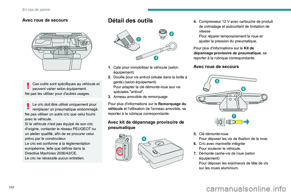 PEUGEOT 508 2021  Manuel du propriétaire (in French) 194
En cas de panne
Avec roue de secours 
 
Ces outils sont spécifiques au véhicule et 
peuvent varier selon équipement.
Ne pas les utiliser pour d'autres usages.
Le cric doit être utilisé un