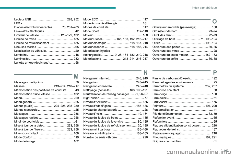 PEUGEOT 508 2021 Manuel du propriétaire (in French) 269
Index alphabétique
Lecteur USB 228, 252
LED -
Diodes électroluminescentes
73, 201–203
Lève-vitres électriques
42
Limiteur de vitesse
126–129, 132
Liquide de freins
PEUGEOT 508 2021 Manuel du propriétaire (in French) 269
Index alphabétique
Lecteur USB 228, 252
LED -
Diodes électroluminescentes
73, 201–203
Lève-vitres électriques
42
Limiteur de vitesse
126–129, 132
Liquide de freins
