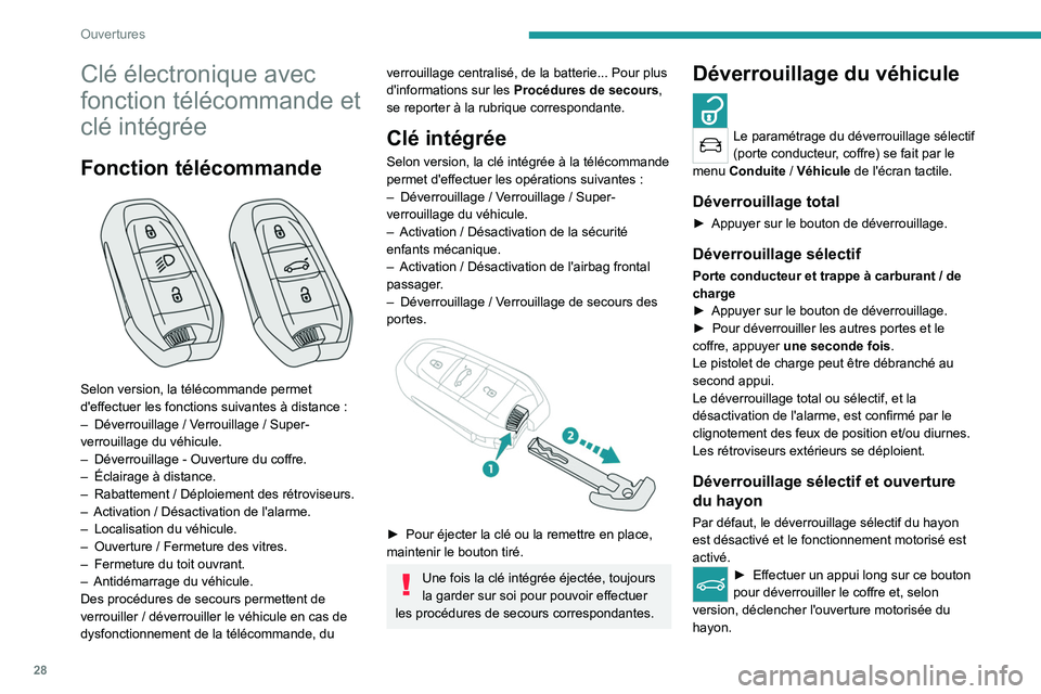 PEUGEOT 508 2021 Manuel du propriétaire (in French) 28
Ouvertures
Clé électronique avec
fonction télécommande et
clé intégrée
Fonction télécommande
Selon version, la télécommande permet
d'effectuer les fonctions suivantes à distan PEUGEOT 508 2021 Manuel du propriétaire (in French) 28
Ouvertures
Clé électronique avec
fonction télécommande et
clé intégrée
Fonction télécommande
Selon version, la télécommande permet
d'effectuer les fonctions suivantes à distan