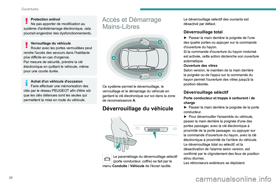 PEUGEOT 508 2021 Manuel du propriétaire (in French) 30
Ouvertures
Protection antivol
Ne pas apporter de modification au
système d'antidémarrage électronique, cela
pourrait engendrer des dysfonctionnements.
Verrouillage du véhicule
Rouler avec PEUGEOT 508 2021 Manuel du propriétaire (in French) 30
Ouvertures
Protection antivol
Ne pas apporter de modification au
système d'antidémarrage électronique, cela
pourrait engendrer des dysfonctionnements.
Verrouillage du véhicule
Rouler avec