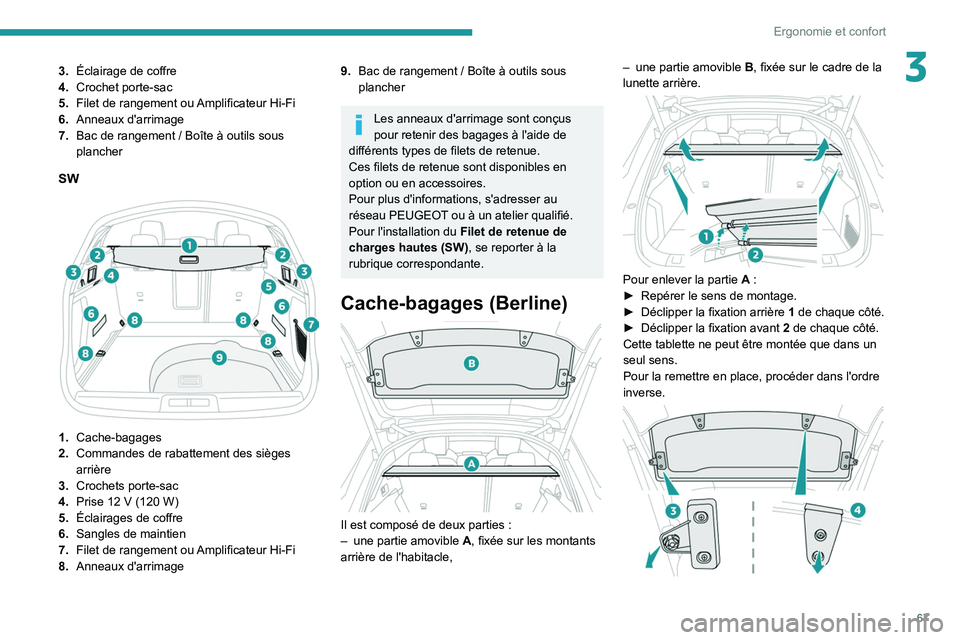 PEUGEOT 508 2021 Manuel du propriétaire (in French) 67
Ergonomie et confort
33.Éclairage de coffre
4. Crochet porte-sac
5. Filet de rangement ou Amplificateur Hi-Fi
6. Anneaux d'arrimage
7. Bac de rangement
/ Boîte à outils sous
plancher
SW
PEUGEOT 508 2021 Manuel du propriétaire (in French) 67
Ergonomie et confort
33.Éclairage de coffre
4. Crochet porte-sac
5. Filet de rangement ou Amplificateur Hi-Fi
6. Anneaux d'arrimage
7. Bac de rangement
/ Boîte à outils sous
plancher
SW