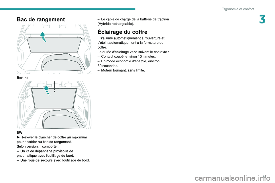 PEUGEOT 508 2021  Manuel du propriétaire (in French) 71
Ergonomie et confort
3Bac de rangement 
 
Berline 
 
SW
► Relever le plancher de coffre au maximum 
pour accéder au bac de rangement.
Selon version, il comporte
  :
–
 
Un kit de dépannage pr