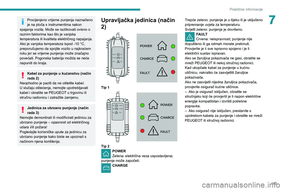 PEUGEOT 508 2021 Upute Za Rukovanje (in Croatian) 163
Praktične informacije
7Procijenjeno vrijeme punjenja naznačeno
je na ploča s instrumentima nakon
spajanja vozila. Može se razlikovati ovisno o
raznim faktorima kao što je vanjska
temperat PEUGEOT 508 2021 Upute Za Rukovanje (in Croatian) 163
Praktične informacije
7Procijenjeno vrijeme punjenja naznačeno
je na ploča s instrumentima nakon
spajanja vozila. Može se razlikovati ovisno o
raznim faktorima kao što je vanjska
temperat