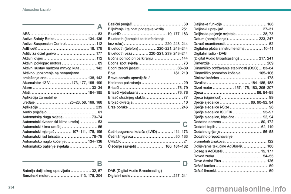 PEUGEOT 508 2021 Upute Za Rukovanje (in Croatian) 254
Abecedno kazalo
A
ABS 83
Active Safety Brake
134–136
Active Suspension Control
112
AdBlue®
19, 179
Aditiv za dizel gorivo
177
Aktivni ovjes
112
Aktivni poklopac moto PEUGEOT 508 2021 Upute Za Rukovanje (in Croatian) 254
Abecedno kazalo
A
ABS 83
Active Safety Brake
134–136
Active Suspension Control
112
AdBlue®
19, 179
Aditiv za dizel gorivo
177
Aktivni ovjes
112
Aktivni poklopac moto