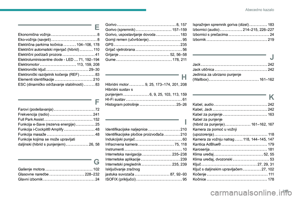 PEUGEOT 508 2021 Upute Za Rukovanje (in Croatian) 255
Abecedno kazalo
E
Ekonomična vožnja 8
Eko-vožnja (savjeti)
8
Električna parkirna kočnica
104–106, 178
Električni automatski mjenjač (hibrid)
110
Električni podizači p PEUGEOT 508 2021 Upute Za Rukovanje (in Croatian) 255
Abecedno kazalo
E
Ekonomična vožnja 8
Eko-vožnja (savjeti)
8
Električna parkirna kočnica
104–106, 178
Električni automatski mjenjač (hibrid)
110
Električni podizači p