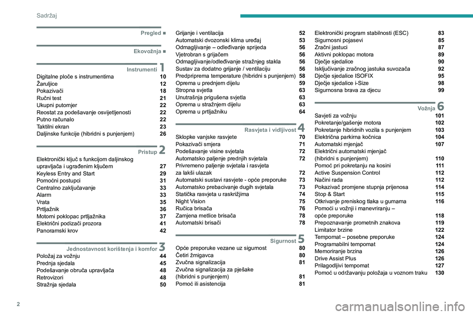 PEUGEOT 508 2021  Upute Za Rukovanje (in Croatian) 2
Sadržaj
  ■
Pregled
  ■
Ekovožnja
 1InstrumentiDigitalne ploče s instrumentima  10
Žaruljice  12
Pokazivači  18
Ručni test  21
Ukupni putomjer  22
Reostat za podešavanje osvijetljenos