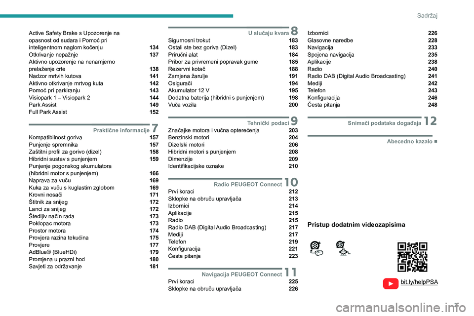 PEUGEOT 508 2021  Upute Za Rukovanje (in Croatian) 3
Sadržaj
  
  
 
 
 
 
Active Safety Brake s Upozorenje na  
opasnost od sudara i Pomoć pri   
inteligentnom naglom kočenju 
 134
Otkrivanje nepažnje  137
Aktivno upozorenje na nenamjerno   
prel
