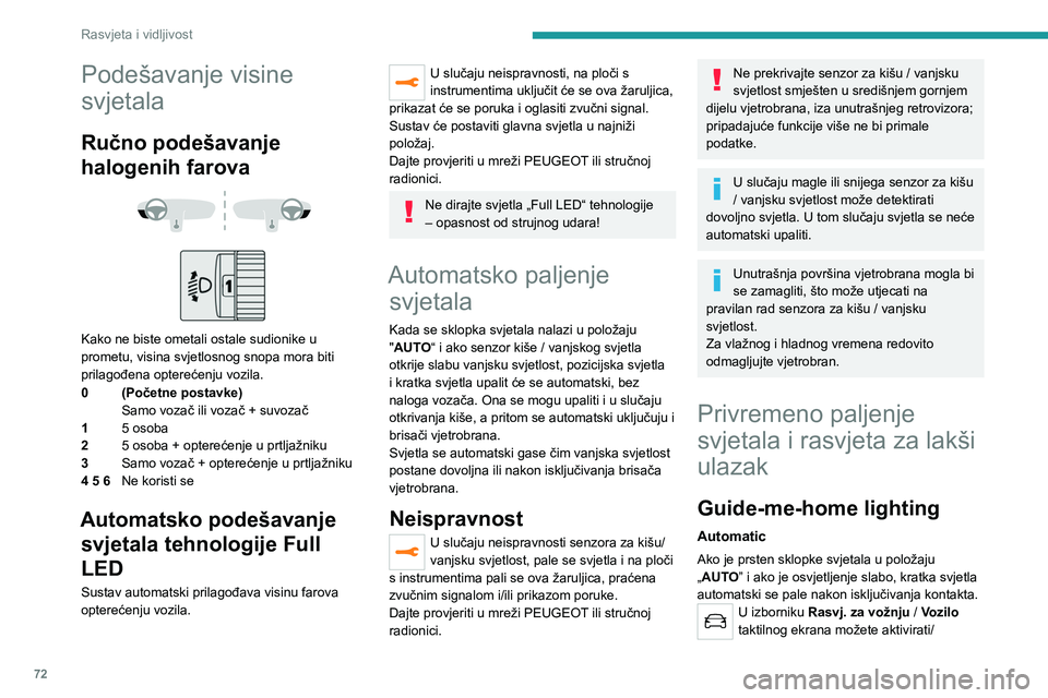 PEUGEOT 508 2021  Upute Za Rukovanje (in Croatian) 72
Rasvjeta i vidljivost
Podešavanje visine 
svjetala
Ručno podešavanje 
halogenih farova
 
 
 
 
Kako ne biste ometali ostale sudionike u 
prometu, visina svjetlosnog snopa mora biti 
prilagođena