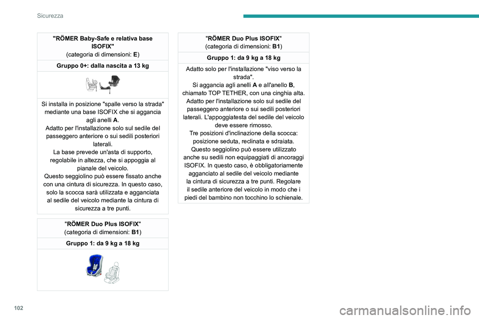 PEUGEOT 508 2021 Manuale duso (in Italian) 102
Sicurezza
Ubicazione dei seggiolini ISOFIX per bambini
Conformemente alle normative europee, questa tabella mostra le possibili\
collocazioni dei seggiolini ISOFIX per bambini sui sedili equipagg PEUGEOT 508 2021 Manuale duso (in Italian) 102
Sicurezza
Ubicazione dei seggiolini ISOFIX per bambini
Conformemente alle normative europee, questa tabella mostra le possibili\
collocazioni dei seggiolini ISOFIX per bambini sui sedili equipagg