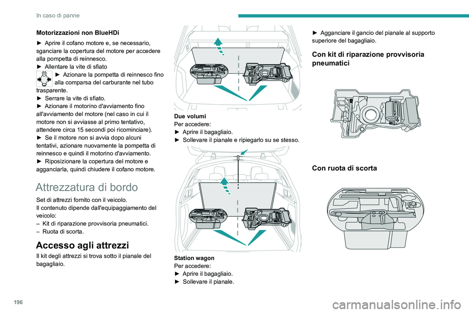 PEUGEOT 508 2021 Manuale duso (in Italian) 196
In caso di panne
Questi attrezzi sono specifici per questo
veicolo e possono variare secondo
l'equipaggiamento.
Non utilizzarli per altri scopi.
Il cric deve essere utilizzato unicamente
pe PEUGEOT 508 2021 Manuale duso (in Italian) 196
In caso di panne
Questi attrezzi sono specifici per questo
veicolo e possono variare secondo
l'equipaggiamento.
Non utilizzarli per altri scopi.
Il cric deve essere utilizzato unicamente
pe