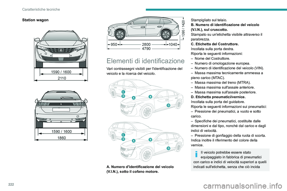 PEUGEOT 508 2021 Manuale duso (in Italian) 222
Caratteristiche tecniche
Station wagon
Elementi di identificazione
Vari contrassegni visibili per l'identificazione del
veicolo e la ricerca del veicolo.
A. Numero d'identifica PEUGEOT 508 2021 Manuale duso (in Italian) 222
Caratteristiche tecniche
Station wagon
Elementi di identificazione
Vari contrassegni visibili per l'identificazione del
veicolo e la ricerca del veicolo.
A. Numero d'identifica
