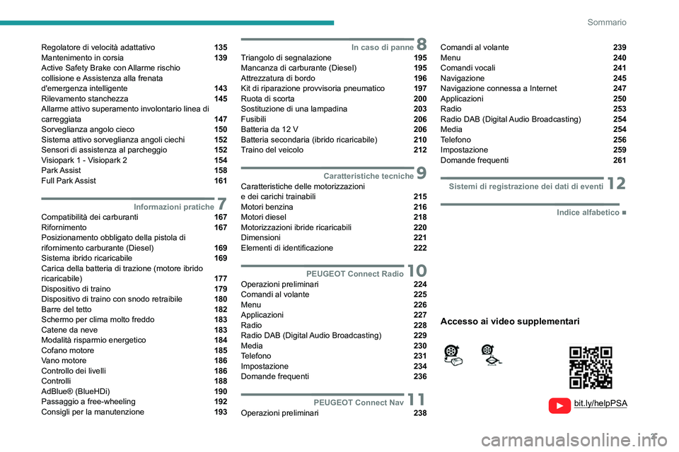 PEUGEOT 508 2021  Manuale duso (in Italian) 3
Sommario
  
  
 
 
 
 
Regolatore di velocità adattativo  135
Mantenimento in corsia  139
Active Safety Brake con Allarme rischio  
collisione e Assistenza alla frenata  
d'emergenza intelligen