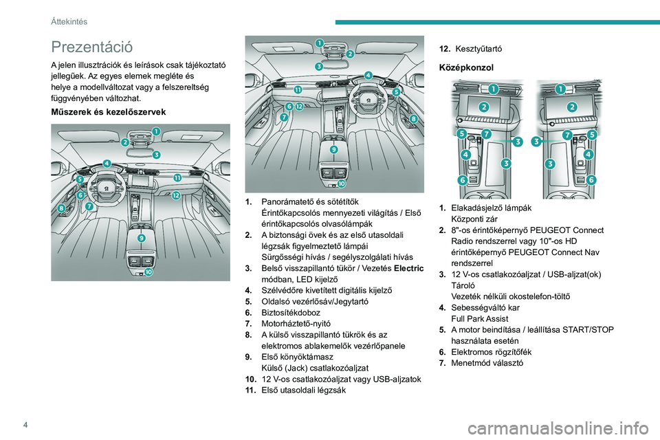 PEUGEOT 508 2021  Kezelési útmutató (in Hungarian) 4
Áttekintés
Prezentáció
A jelen illusztrációk és leírások csak tájékoztató 
jellegűek. Az egyes elemek megléte és 
helye a modellváltozat vagy a felszereltség 
függvényében válto
