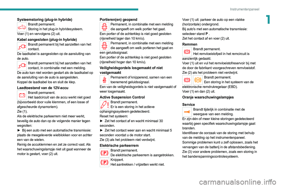 PEUGEOT 508 2021 Instructieboekje (in Dutch) 13
Instrumentenpaneel
1Systeemstoring (plug-in hybride)Brandt permanent.Storing in het plug-in hybridesysteem.
Voer (1) en vervolgens (2) uit.
Kabel aangesloten (plug-in hybride)Brandt permanent bij h PEUGEOT 508 2021 Instructieboekje (in Dutch) 13
Instrumentenpaneel
1Systeemstoring (plug-in hybride)Brandt permanent.Storing in het plug-in hybridesysteem.
Voer (1) en vervolgens (2) uit.
Kabel aangesloten (plug-in hybride)Brandt permanent bij h