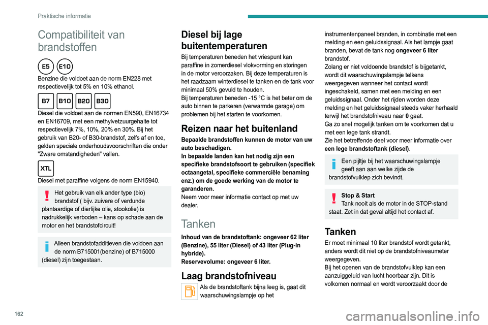 PEUGEOT 508 2021 Instructieboekje (in Dutch) 162
Praktische informatie
Compatibiliteit van
brandstoffen
Benzine die voldoet aan de norm EN228 met
respectievelijk tot 5% en 10% ethanol.
Diesel die voldoet aan de normen EN590, EN16734
en PEUGEOT 508 2021 Instructieboekje (in Dutch) 162
Praktische informatie
Compatibiliteit van
brandstoffen
Benzine die voldoet aan de norm EN228 met
respectievelijk tot 5% en 10% ethanol.
Diesel die voldoet aan de normen EN590, EN16734
en