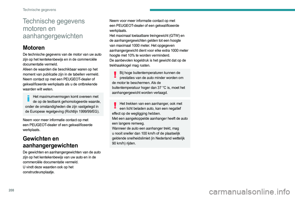 PEUGEOT 508 2021 Instructieboekje (in Dutch) 208
Technische gegevens
Technische gegevens motoren en
aanhangergewichten
Motoren
De technische gegevens van de motor van uw auto
zijn op het kentekenbewijs en in de commerciële
documentatie verme PEUGEOT 508 2021 Instructieboekje (in Dutch) 208
Technische gegevens
Technische gegevens motoren en
aanhangergewichten
Motoren
De technische gegevens van de motor van uw auto
zijn op het kentekenbewijs en in de commerciële
documentatie verme