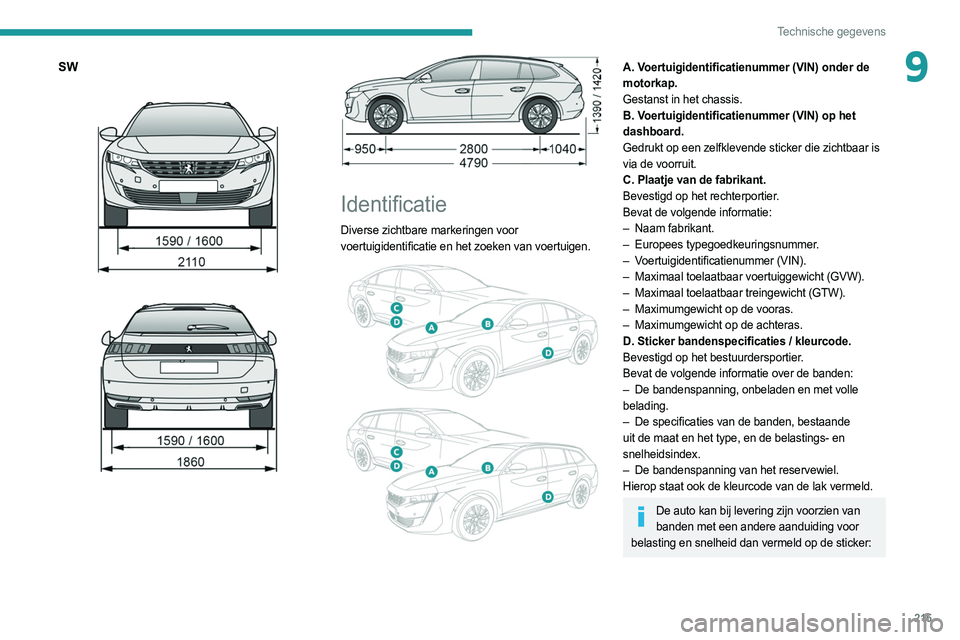 PEUGEOT 508 2021 Instructieboekje (in Dutch) 215
Technische gegevens
9SW
Identificatie
Diverse zichtbare markeringen voor
voertuigidentificatie en het zoeken van voertuigen.
A. Voertuigidentificatienummer (VIN) onder de
motorkap.
PEUGEOT 508 2021 Instructieboekje (in Dutch) 215
Technische gegevens
9SW
Identificatie
Diverse zichtbare markeringen voor
voertuigidentificatie en het zoeken van voertuigen.
A. Voertuigidentificatienummer (VIN) onder de
motorkap.