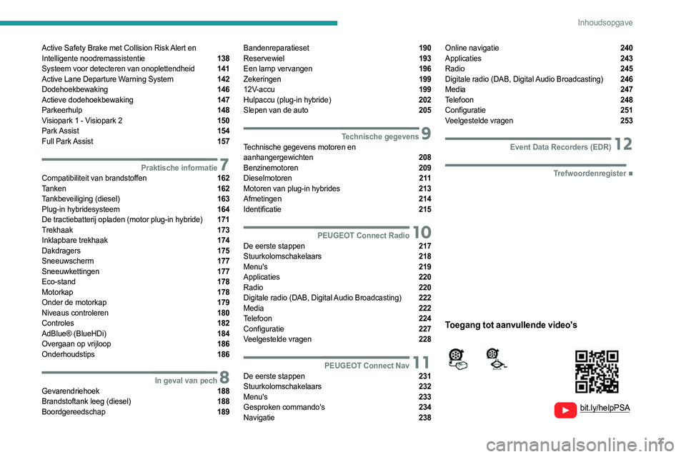 PEUGEOT 508 2021  Instructieboekje (in Dutch) 3
Inhoudsopgave
  
  
 
 
 
 
Active Safety Brake met Collision Risk Alert en 
Intelligente noodremassistentie  138
Systeem voor detecteren van onoplettendheid  141
Active Lane Departure Warning Syste