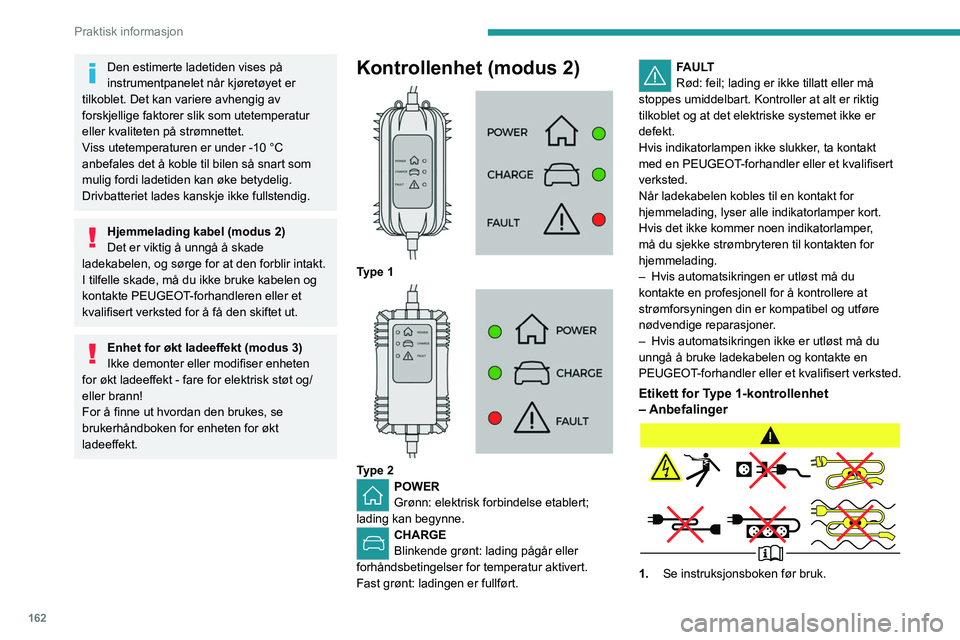 PEUGEOT 508 2021  Instruksjoner for bruk (in Norwegian) 162
Praktisk informasjon
Den estimerte ladetiden vises på 
instrumentpanelet når kjøretøyet er 
tilkoblet. Det kan variere avhengig av 
forskjellige faktorer slik som utetemperatur 
eller kvalitet