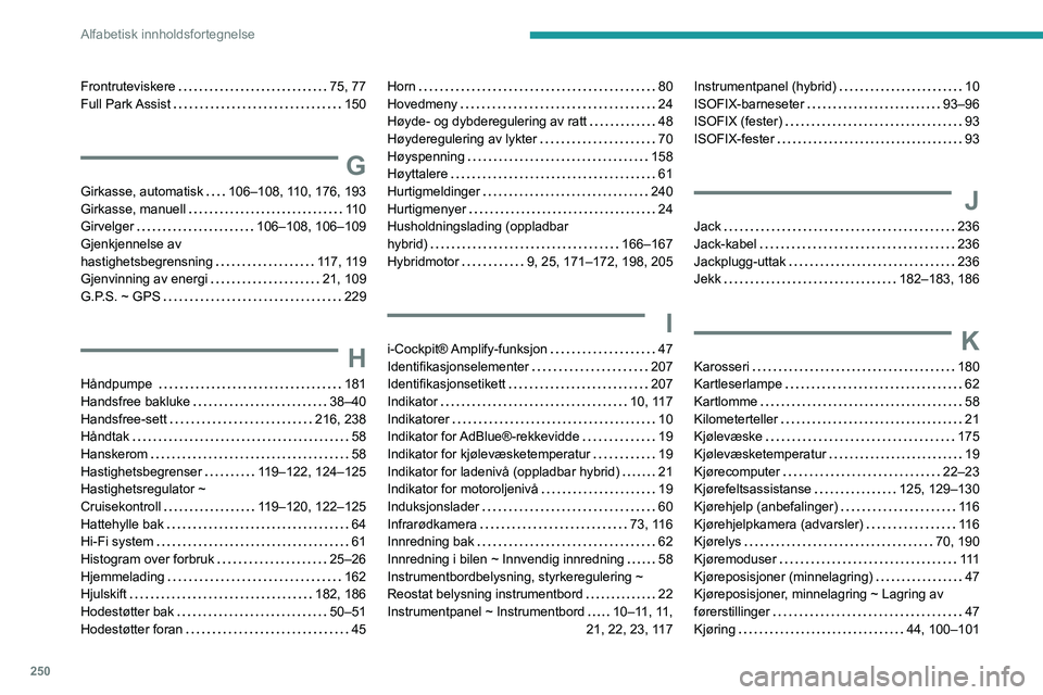 PEUGEOT 508 2021  Instruksjoner for bruk (in Norwegian) 250
Alfabetisk innholdsfortegnelse
Frontruteviskere  75, 77
Full  Park Assist  150
G
Girkasse, automatisk   106–108, 1 10, 176, 193
Girkasse, manuell     11
0
Girvelger
 

   
106–108, 106–109
G