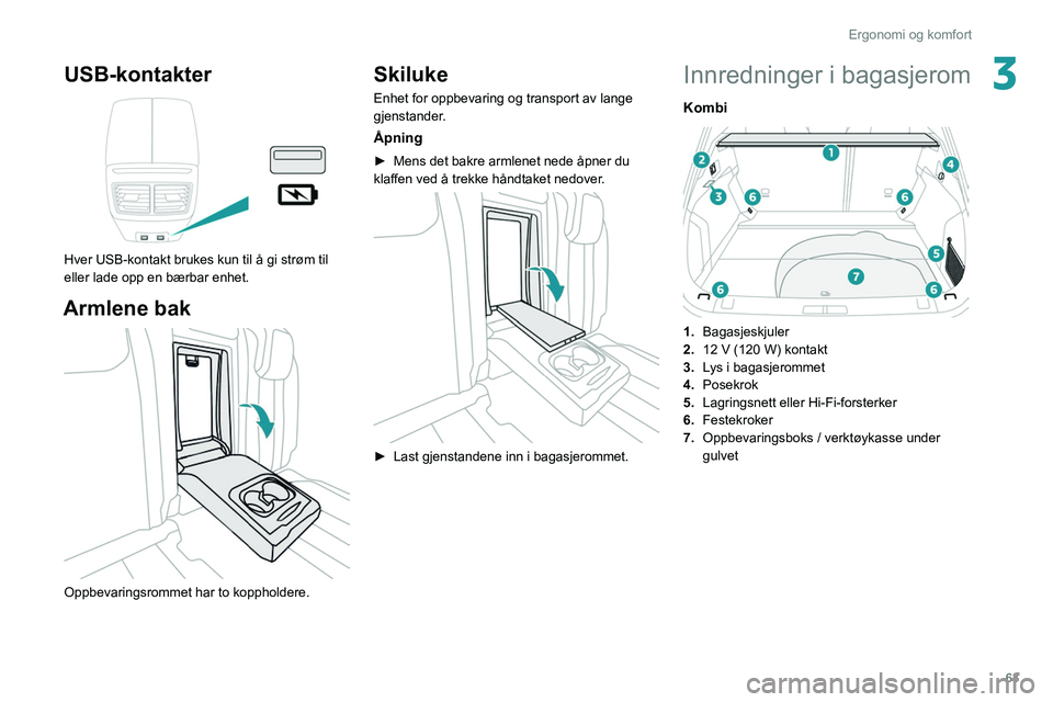 PEUGEOT 508 2021 Instruksjoner for bruk (in Norwegian) 63
Ergonomi og komfort
3USB-kontakter
Hver USB-kontakt brukes kun til å gi strøm til
eller lade opp en bærbar enhet.
Armlene bak
Oppbevaringsrommet har to koppholdere.
Skiluke
Enhet for oppb PEUGEOT 508 2021 Instruksjoner for bruk (in Norwegian) 63
Ergonomi og komfort
3USB-kontakter
Hver USB-kontakt brukes kun til å gi strøm til
eller lade opp en bærbar enhet.
Armlene bak
Oppbevaringsrommet har to koppholdere.
Skiluke
Enhet for oppb