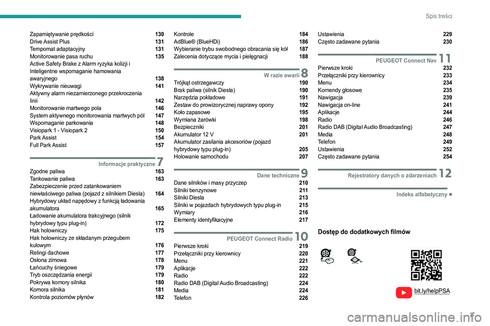 PEUGEOT 508 2021  Instrukcja obsługi (in Polish) 3
Spis treści
  
  
 
 
 
 
Zapamiętywanie prędkości  130
Drive Assist Plus  131
Tempomat adaptacyjny  131
Monitorowanie pasa ruchu  135
Active Safety Brake z Alarm ryzyka kolizji i   
Inteligentn