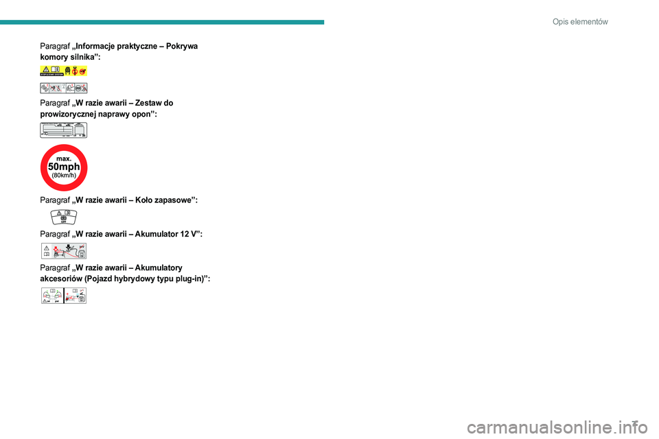 PEUGEOT 508 2021  Instrukcja obsługi (in Polish) 7
Opis elementów
Paragraf „Informacje praktyczne – Pokrywa 
komory silnika”:
  
 
 
Paragraf „W razie awarii – Zestaw do 
prowizorycznej naprawy opon”:
 
 
 
 
Paragraf „W razie awarii 