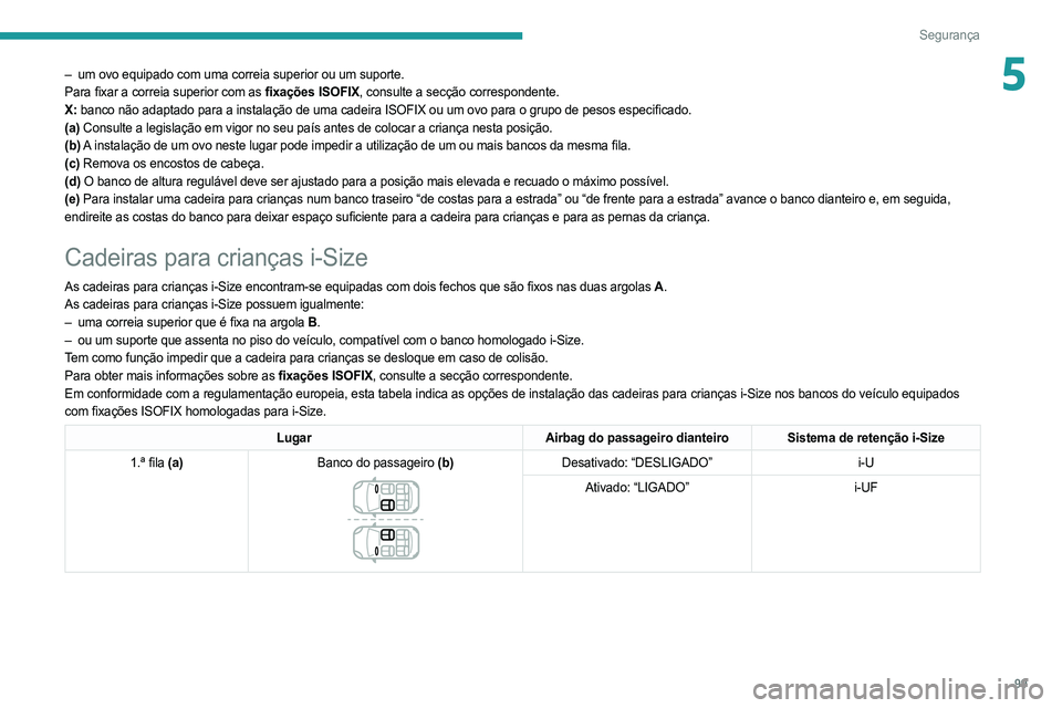 PEUGEOT 508 2021  Manual de utilização (in Portuguese) 99
Segurança
5– um ovo equipado com uma correia superior ou um suporte.
Para fixar a correia superior com as  fixações ISOFIX, consulte a secção correspondente.
X: banco não adaptado para a in