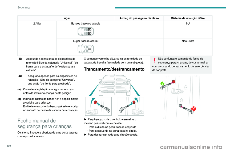 PEUGEOT 508 2021  Manual de utilização (in Portuguese) 100
Segurança
Fecho elétrico de 
segurança para crianças
(Consoante a versão)
Este comando impede a abertura das portas 
traseiras através dos manípulos internos e a 
utilização dos elevadore