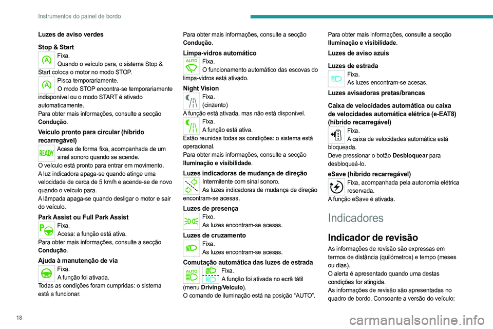 PEUGEOT 508 2021  Manual de utilização (in Portuguese) 18
Instrumentos do painel de bordo
Luzes de aviso verdes
Stop & Start
Fixa.Quando o veículo para, o sistema Stop & 
Start coloca o motor no modo STOP.
Pisca temporariamente. O modo STOP encontra-se t