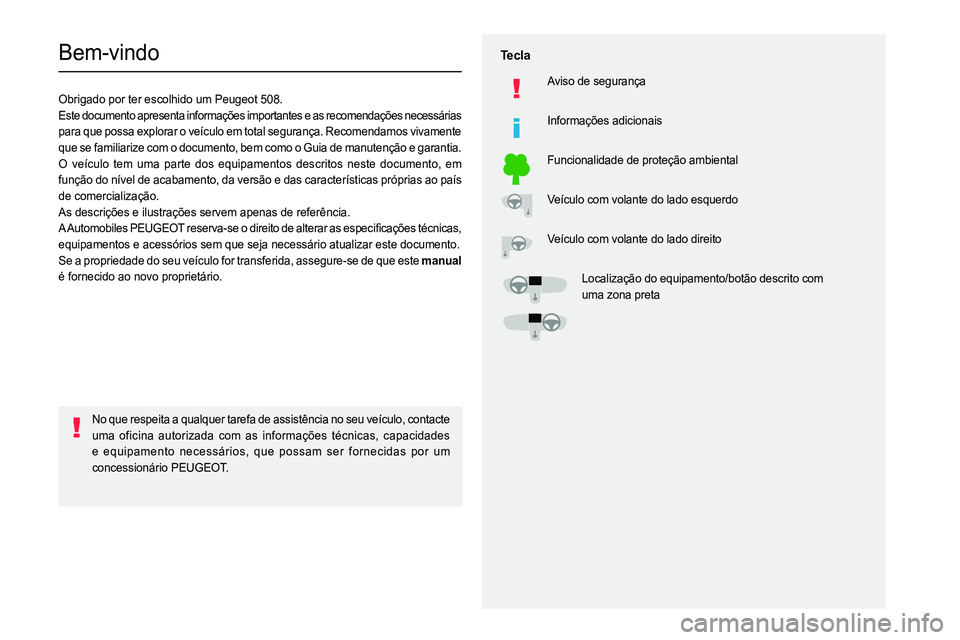 PEUGEOT 508 2021  Manual de utilização (in Portuguese)   
 
 
 
  
   
   
 
  
 
  
 
 
   
 
 
   
 
 
  
Bem-vindo
Obrigado por ter escolhido um Peugeot 508.
Este documento apresenta informações importantes e as recomendaç\
ões necessárias 
para q